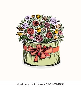 Blumenstrauß in Geschenkbox mit Bow. Feiertagsgruß. Blumenskizze, handgezeichnet. Rosen, Tulpen. Gänseblümchen. Frühlingsblumen einzeln auf weißem Hintergrund. Vektorillustration.