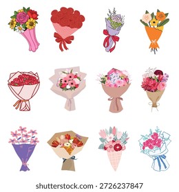 Conjunto de regalo de ramo de flores. Ramos florales envueltos en Vector con rosas y tulipanes para la celebración de vacaciones o tarjeta de felicitación de boda