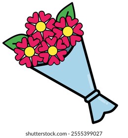 Flower Bouquet. Graceful and delicate heart-shaped flowers wrapped in gift paper for Valentine's Day.