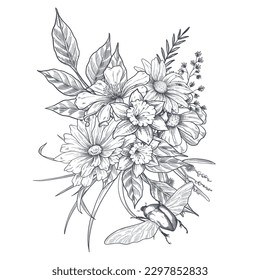 Flower bouquet hand drawn sketch illustration Wild flowers