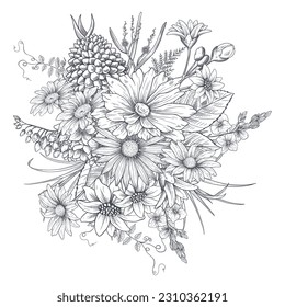 Flower bouquet hand drawn sketch illustration Wild flowers