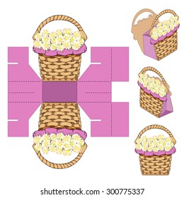 Flower Bouquet Handmade Craft Rustic Basket Shaped Packet design, Romantic Summer Love Themed present bag, DIY die-stamping  container, folding, ready no glue, Designer supply