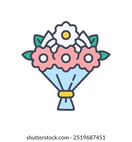 Flower bouquet icon. Colorful icon depicting a bunch of flowers tied together with a ribbon. Ideal for celebrations, love, and spring themes.