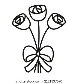 Flower bouquet icon in linear style. Spring vector illustration. Roses tied with a bow