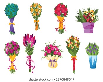 Flower bouquet icon set. Cartoon blooming bunch of plants for vase or pots. Colorful meadow greenery, garden flowers. Vector beautiful flat decorative floral bud composition