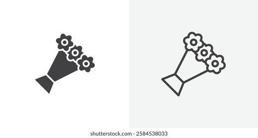 Flower bouquet icons vectors illustrations in black fill and liner versions