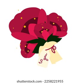 Flower bouquet illustration. Red peony vector template for postcard, banner with text. Flat style design concept for internationals women’s day, Valentines day or birthday. Cute floral gift 