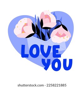 Flower bouquet illustration.Pink Peony in envelope. Vector templatewith text Love You. Flat style design concept Valentines day. Cute floral gift and decoration. 