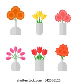 Flower bouquet isolated icons on white background. Bouquet of flowers in vase. Vase of flowers. Flower bouquets set. Flat style vector illustration. 