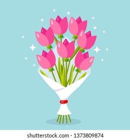 Flower bouquet isolated on background. Bunch of roses, petal of pink tulip. Gift for wedding, holiday concept. Vector flat design