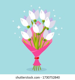 Flower bouquet isolated on background. Bunch of roses, petal of pink tulip. Gift for wedding, holiday concept. Vector flat design