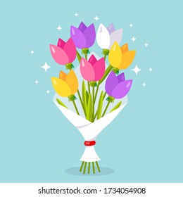 Flower bouquet isolated on background. Bunch of roses, petal of pink tulip. Gift for wedding, holiday concept. Vector flat design