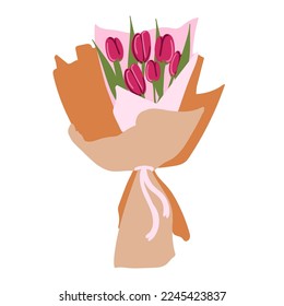 Flower bouquet isolated on background. Bunch of roses, petal of pink tulip. Gift for wedding, holiday concept. Vector flat design