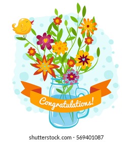 Flower bouquet in a jar. Bird on brunch. Congratulations card