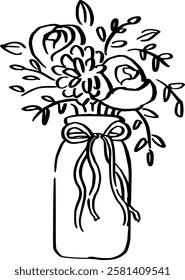 Flower Bouquet Jar hand drawn illustration.