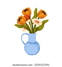 Flower bouquet in jug. Spring floral bunch, blossoms in pitcher vase, pot. Charming garden blooms, home decoration. Romantic decor. Flat graphic vector illustration isolated on white background