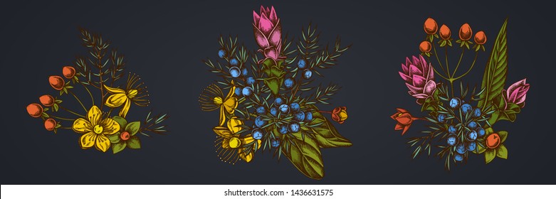 Flower bouquet of juniper, hypericum, turmeric