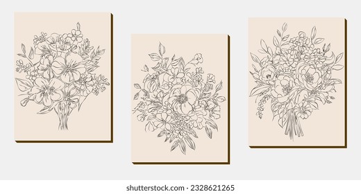 Flower bouquet line art, black and white floral set collection bundle handdrawn, branch, foliage, leaf minimal antique retro contemporary ink drawing for decor wedding invitation and poster card