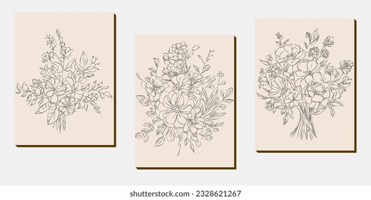 Flower bouquet line art, black and white floral set collection bundle handdrawn, branch, foliage, leaf minimal antique retro contemporary ink drawing for decor wedding invitation and poster card