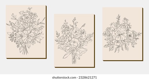 Flower bouquet line art, black and white floral set collection bundle handdrawn, branch, foliage, leaf minimal antique retro contemporary ink drawing for decor wedding invitation and poster card