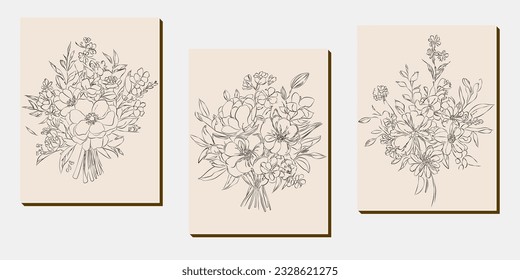 Flower bouquet line art, black and white floral set collection bundle handdrawn, branch, foliage, leaf minimal antique retro contemporary ink drawing for decor wedding invitation and poster card