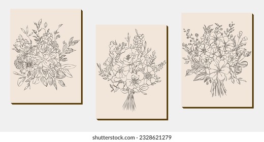 Flower bouquet line art, black and white floral set collection bundle handdrawn, branch, foliage, leaf minimal antique retro contemporary ink drawing for decor wedding invitation and poster card