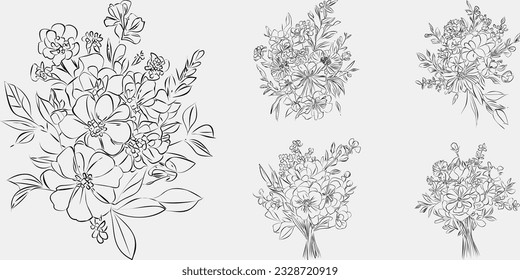 Flower bouquet line art, black and white floral set collection bundle handdrawn, branch, foliage, leaf minimal antique retro contemporary ink drawing for decor wedding invitation and poster card