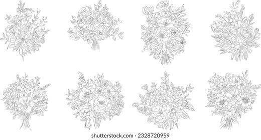 Flower bouquet line art, black and white floral set collection bundle handdrawn, branch, foliage, leaf minimal antique retro contemporary ink drawing for decor wedding invitation and poster card