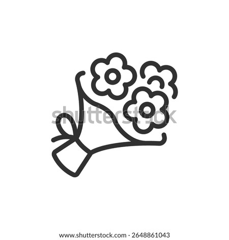 Flower bouquet, linear icon. Decorative floral gift for celebration or romantic event. Line with editable stroke.