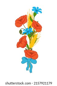 Flower Bouquet of Meadow Flowers. Composition of Poppy and Cornflower Flowers, Spikelets of Wheat. Gift Flowers for Women.