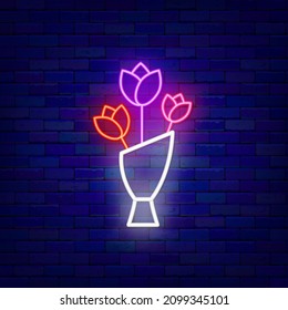 Flower bouquet neon icon. Happy Birthday concept. Outer glowing effect banner. Holiday celebration design on brick wall. Luminous label. Editable stroke. Vector stock illustration