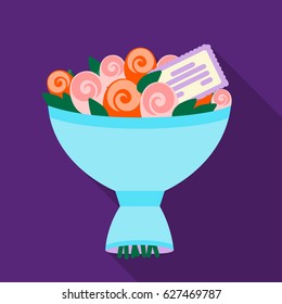 Flower bouquet with a note icon in flat style isolated on white background. Event service symbol stock vector illustration.