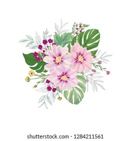 Flower bouquet over white background. Floral greeting card design. Garden Flowers drawing.