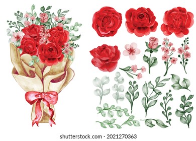 A flower bouquet in paper wrapping with isolated clip art of freedom rose red and leaves, rose red floral clipart for wedding invitation