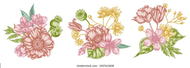 Flower bouquet of pastel almond, poppy flower, tilia cordata