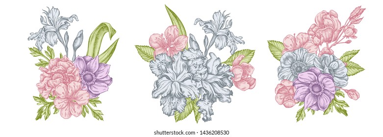 Flower bouquet of pastel anemone, iris japonica, sakura