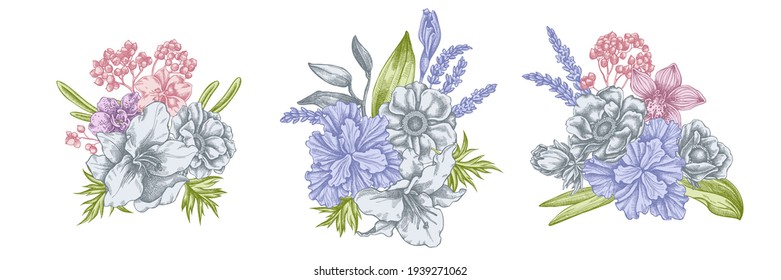 Flower bouquet of pastel anemone, lavender, rosemary everlasting, phalaenopsis, lily, iris