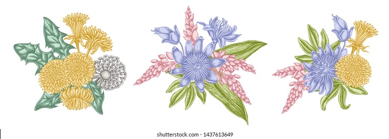 Flower bouquet of pastel dandelion, ginger, passion flower