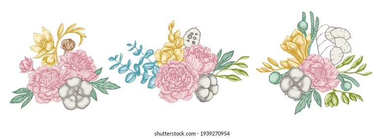 Flower bouquet of pastel ficus, eucalyptus, peony, cotton, freesia, brunia