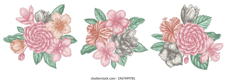 Flower bouquet of pastel hibiscus, plum flowers, peach flowers, sakura flowers, magnolia flowers, camellia japonica