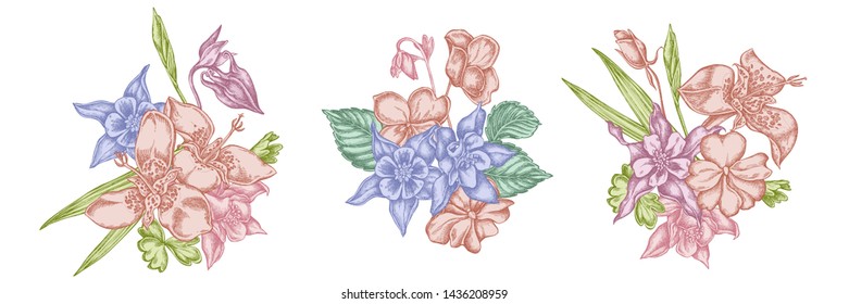Flower bouquet of pastel impatiens, tigridia, aquilegia