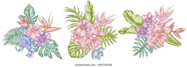 Flower bouquet of pastel monstera, banana palm leaves, strelitzia, heliconia, tropical palm leaves, orchid
