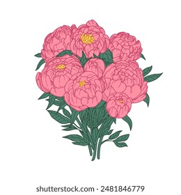 Ramo de flores, ramo de peonía. Arreglo floral japonés en estilo retro vintage. Flores de primavera y verano, subgrupos cortados. Regalo de flores. Ilustración gráfica de Vector dibujada a mano aislada sobre fondo blanco