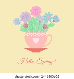 Flower bouquet in the pink cup.  Suitable for spring and summer greeting cards, banners, social media. Cute vector illustration isolated on yellow background.