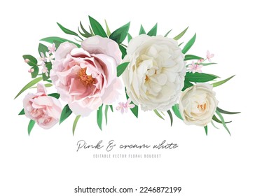 Flower bouquet with pink peony, cream white rose flowers, green leaves. Vector watercolor editable illustration. Wedding invitation, greeting, postcard template design. Spring, summer designer element