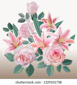 Flower bouquet with pink rose and lily vector illustration