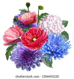 Flower bouquet ,Poppy ,chrysanthemum and hydrangea -vector