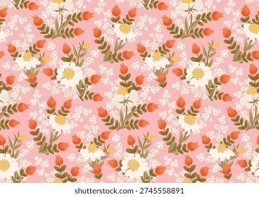 Flower bouquet of pretty helenium, tulips, berries and leaves in a maximalist botanical pattern in colors of white, yellow, peach and green on pink. Floral seamless vector pattern. Great for home decor, fabric, wallpaper, gift wrap, stationery, packaging design projects.