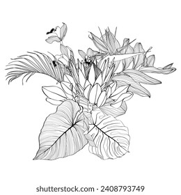 Flower bouquet with protea, orchid, palm leaves, style isolated on white background. Template for invitation card. Square composition. 