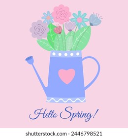 Flower bouquet in the purple watering can. Cute vector illustration isolated on pink background. Spring card with hand written text "Hello spring"